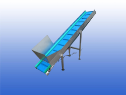 RVS opvoerband 3,6 meter lang met 40 cm bandbreedte en meenemers van 3 cm hoog om de 35 cm