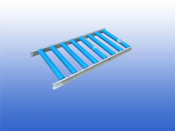 Gebruikte rollenbaan met kunststof rollen, lengte 3 meter en rolbreedte 45 cm, geschikt voor licht transport.