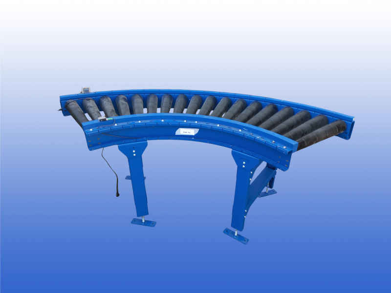 Aangedreven 90 graden rollenbaanbocht met sensoren en ConveyLinx Ai3 besturing