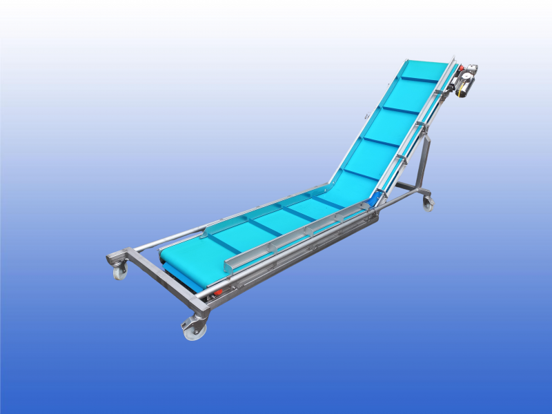 Z-opvoerband met RVS frame, zwenkwielen en 54 cm brede transportband met zijgeleiding.
