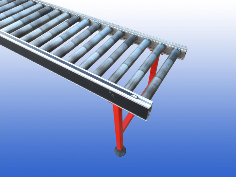 Interroll rollenbaan van 3 meter met stalen rollen op 100 mm en verstelbare hoogte van 80 tot 90 cm