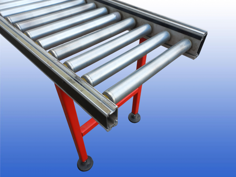 Interroll rollenbaan van 3 meter met stalen rollen op 100 mm en verstelbare hoogte van 80 tot 90 cm