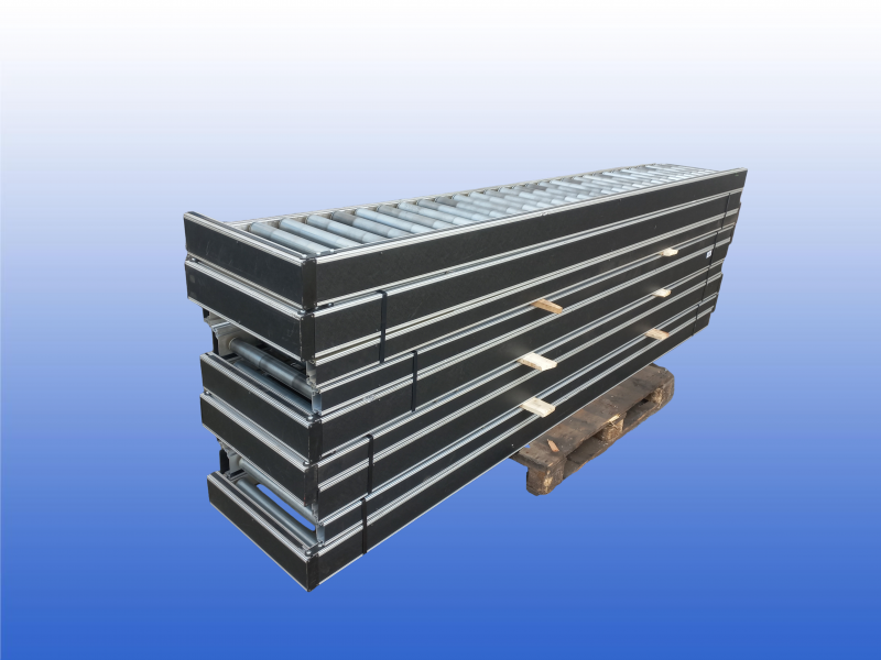 Interroll rollenbaan van 3 meter met stalen rollen op 100 mm en verstelbare hoogte van 80 tot 90 cm