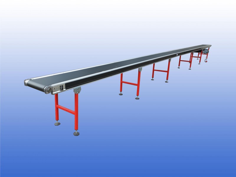 Interroll transportband met 43 cm bandbreedte, 15,5 meter lengte en verstelbare ondersteuningen in hoogte