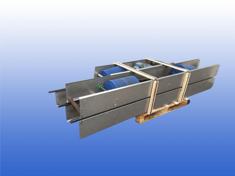 RVS transportband van 10,5 meter lang met schakelband van 40 cm breed van het merk Itra Modular Conveyor Belts.