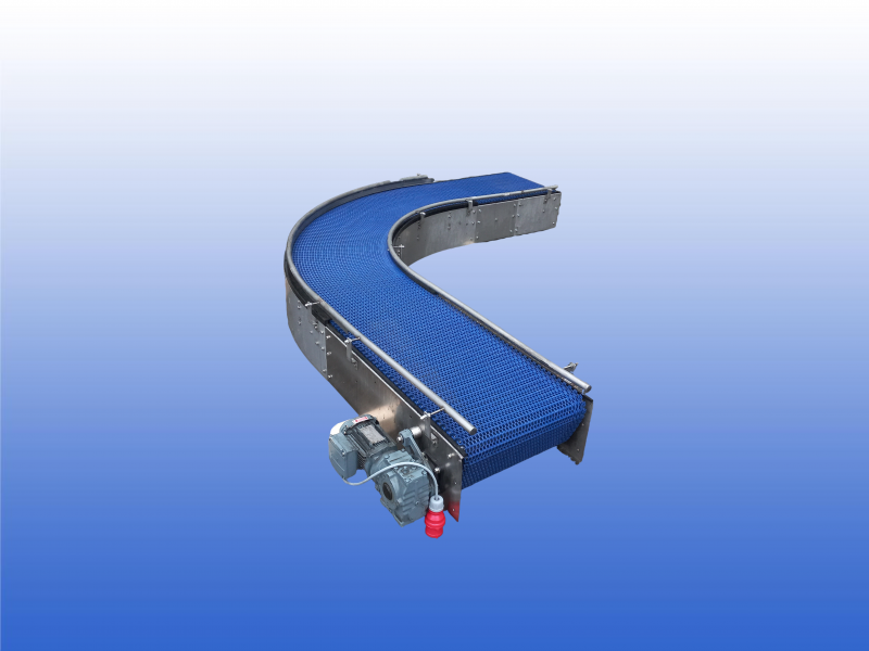 RVS bochtband 90 graden met kunststof transportband van 50 cm breed en dubbele zijgeleiding.