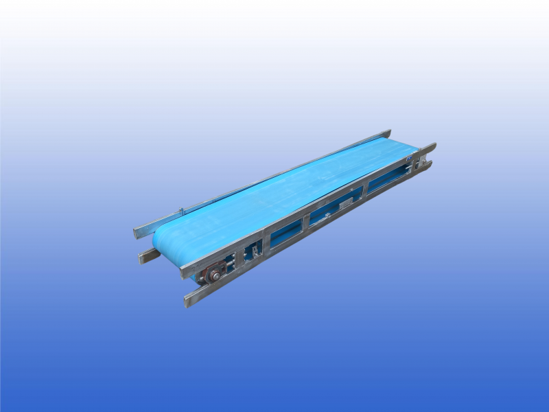 RVS gebruikte transportband met 38 cm bandbreedte, lengte van 2.3 meter en zijgeleiding van 5 cm aan beide zijden