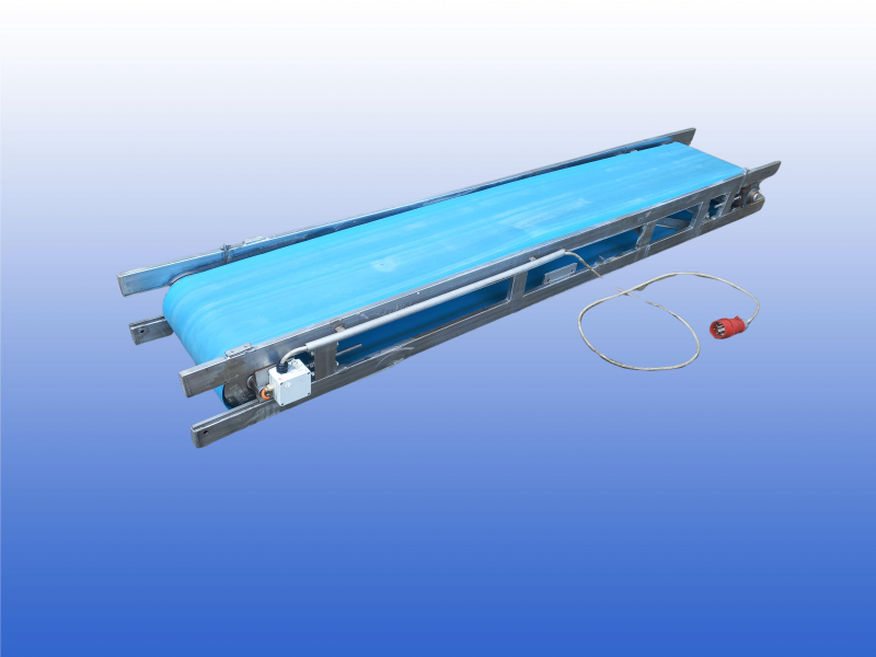 RVS gebruikte transportband met 38 cm bandbreedte, lengte van 2.3 meter en zijgeleiding van 5 cm aan beide zijden