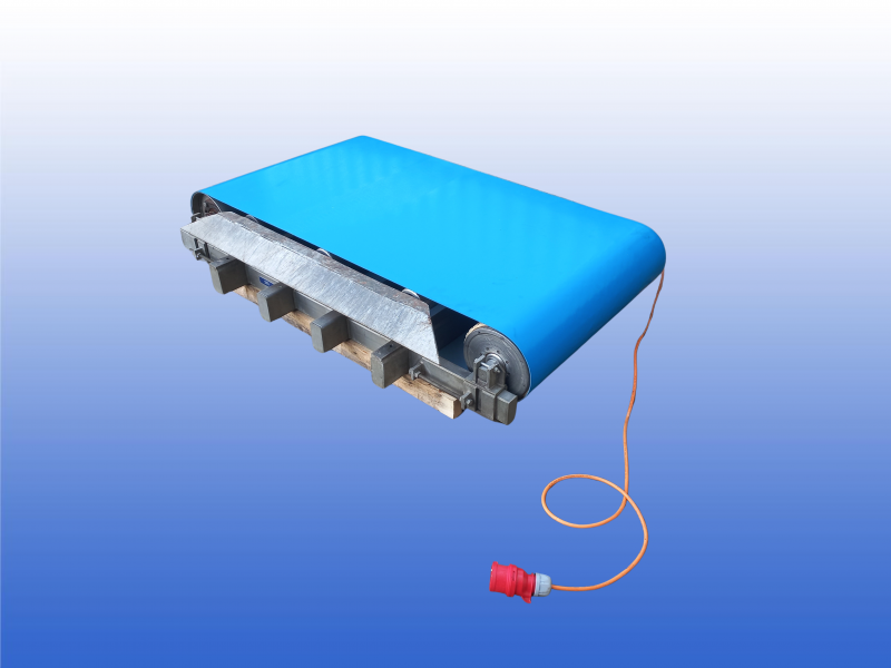 RVS transportband 1,5 meter met 800 mm band en trommelmotor in koprol