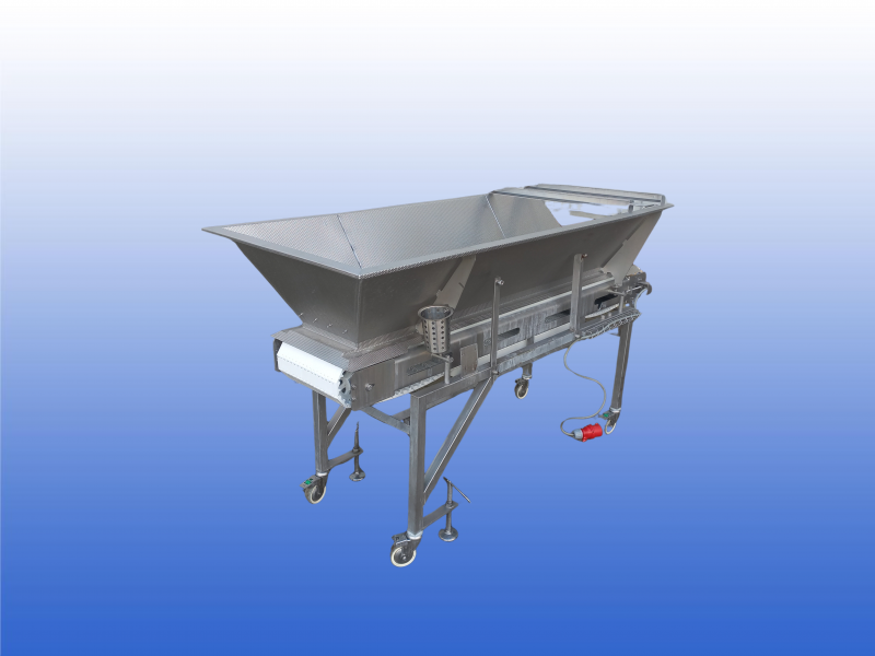 RVS transportband 30 cm breed 2 meter lang met storttrechter en zwenkwielen met rem