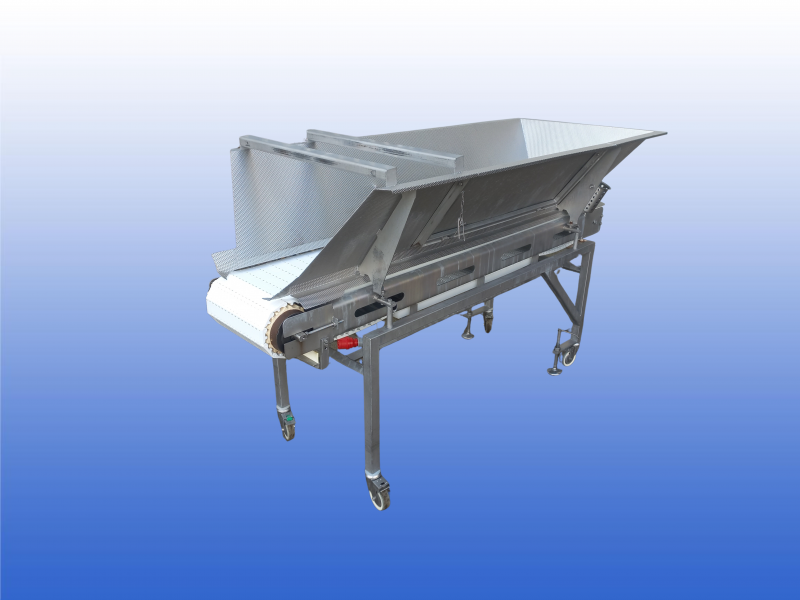 RVS transportband 30 cm breed 2 meter lang met storttrechter en zwenkwielen met rem