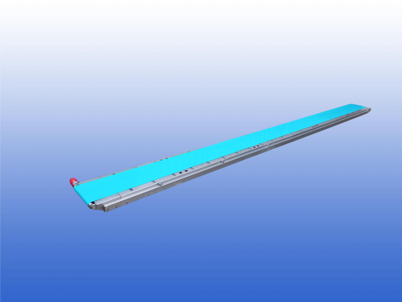 RVS transportband 5,45 meter met 300 mm band en Interroll trommelmotor in koprol