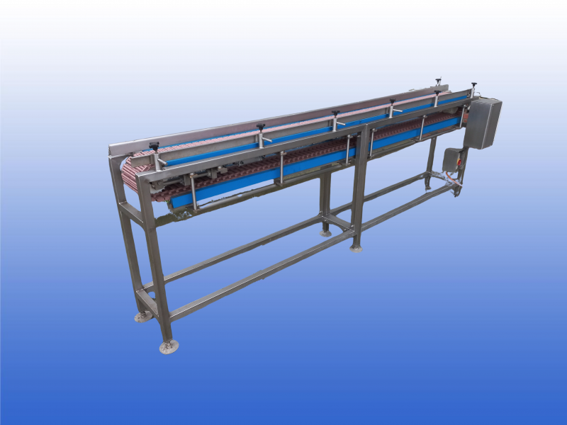 Gebruikte RVS transportband 19 cm breed 3 meter lang met verstelbare zijgeleiding en bufferwerking