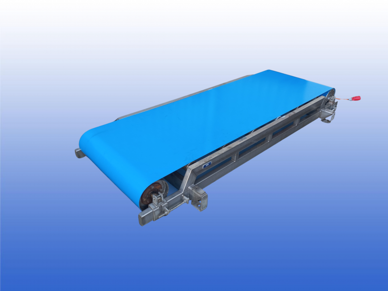 Zware RVS transportband 2,5 meter met 700 mm band en trommelmotor in koprol